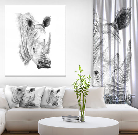 Pencil Rhino Sketch in Black and White - Animals Painting Print on Wrapped Canvas