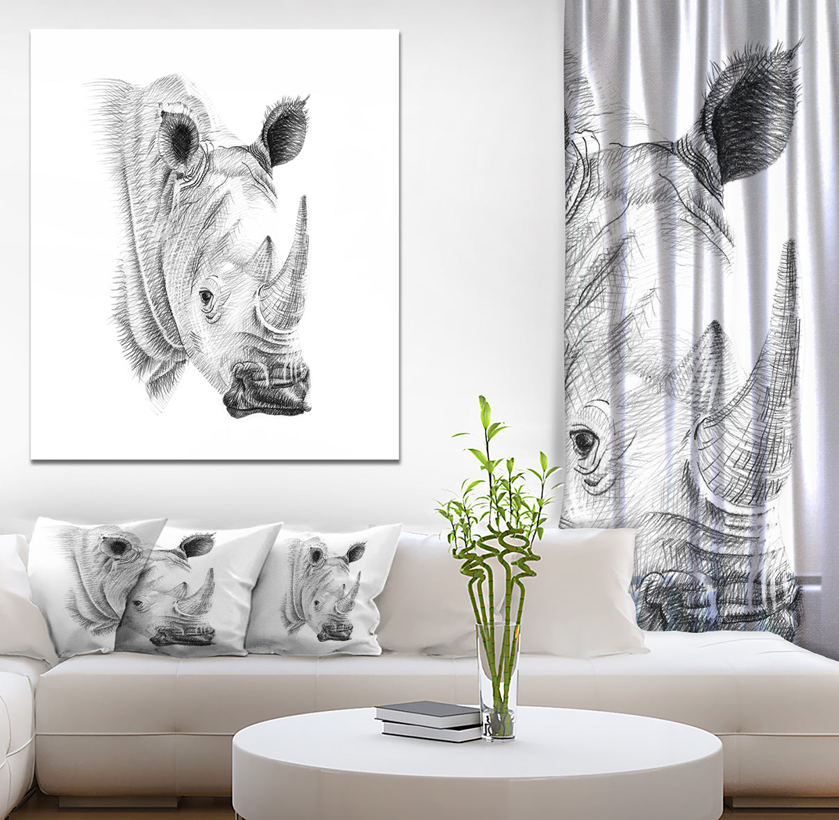 Pencil Rhino Sketch in Black and White - Animals Painting Print on Wrapped Canvas