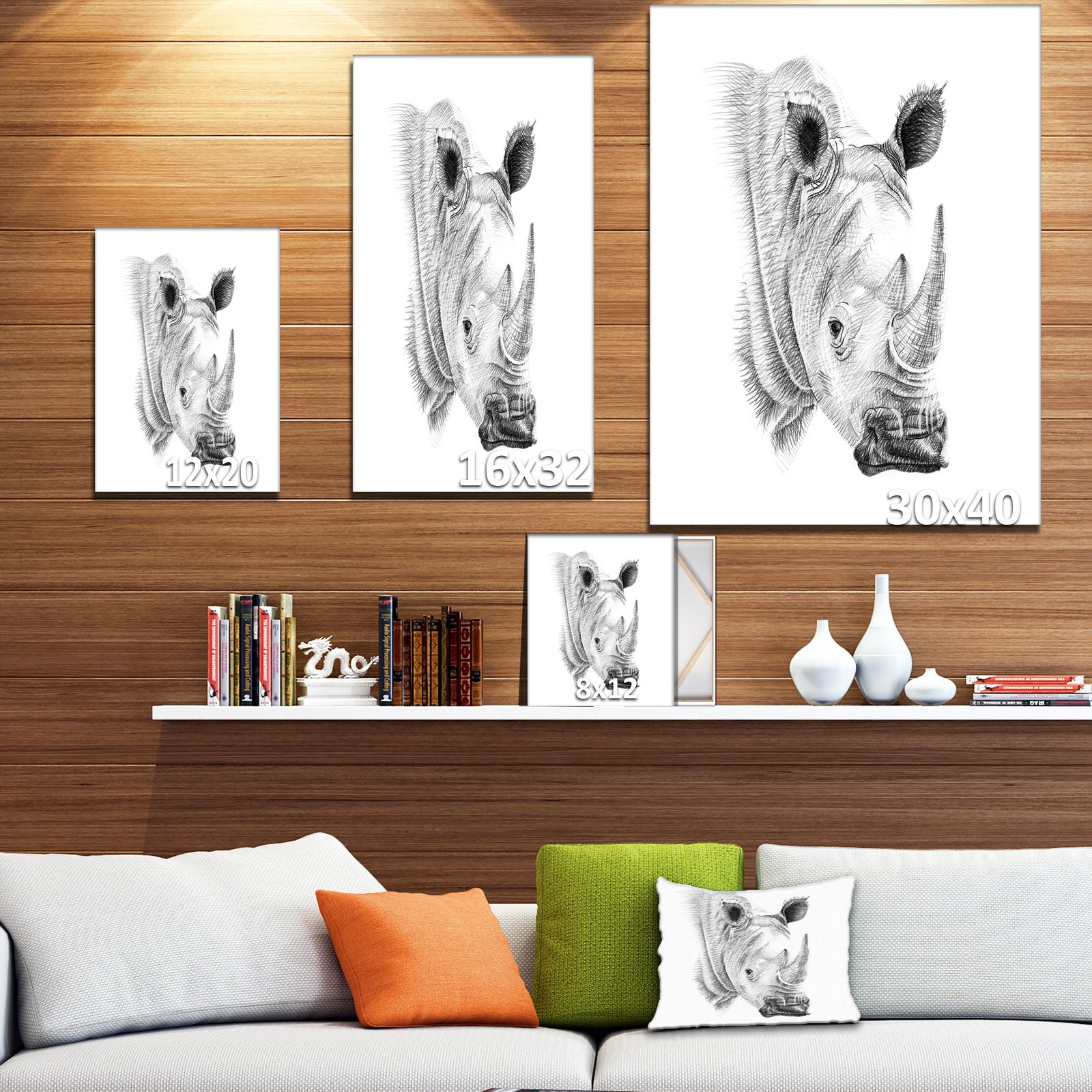 Pencil Rhino Sketch in Black and White - Animals Painting Print on Wrapped Canvas