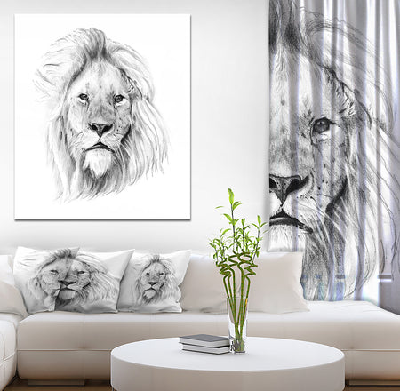 Pencil Lion Sketch in Black and White - Animals Painting Print on Wrapped Canvas