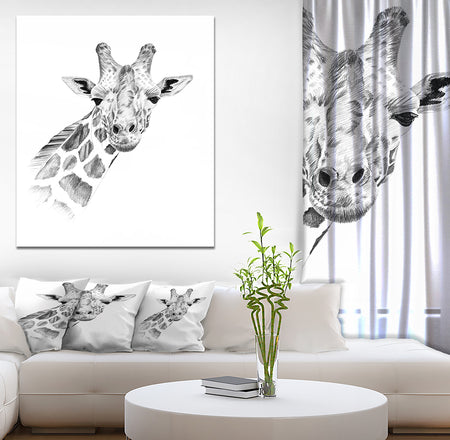 Pencil Giraffe Sketch in Black and White - Animals Painting Print on Wrapped Canvas