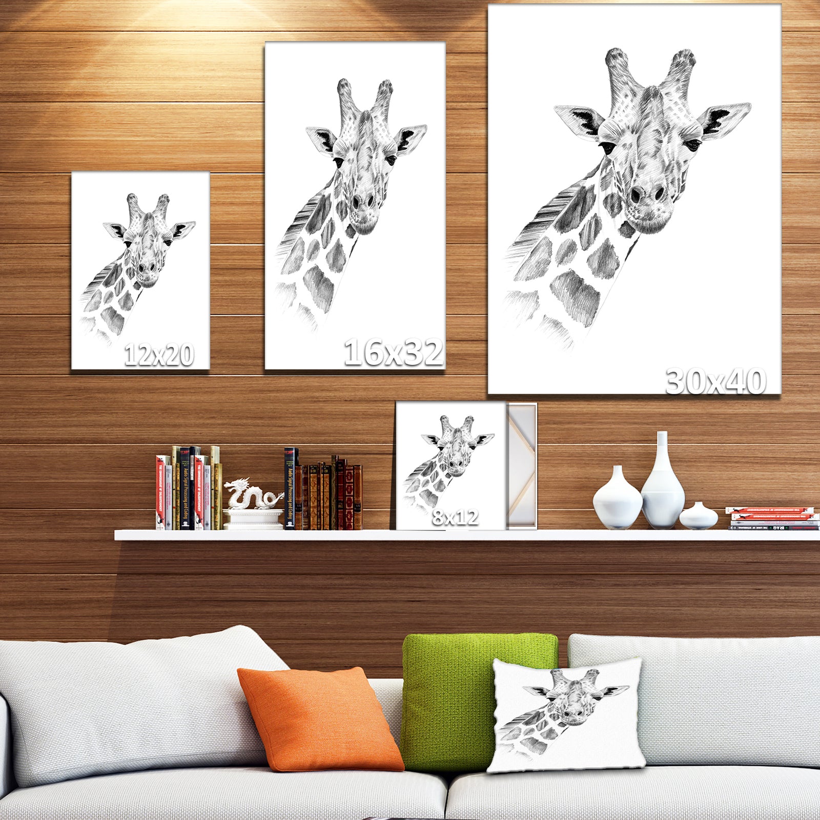 Pencil Giraffe Sketch in Black and White - Animals Painting Print on Wrapped Canvas