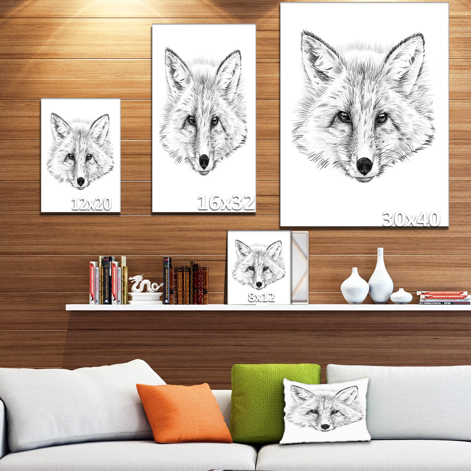 Pencil Fox Sketch in Black and White - Animals Painting Print on Wrapped Canvas