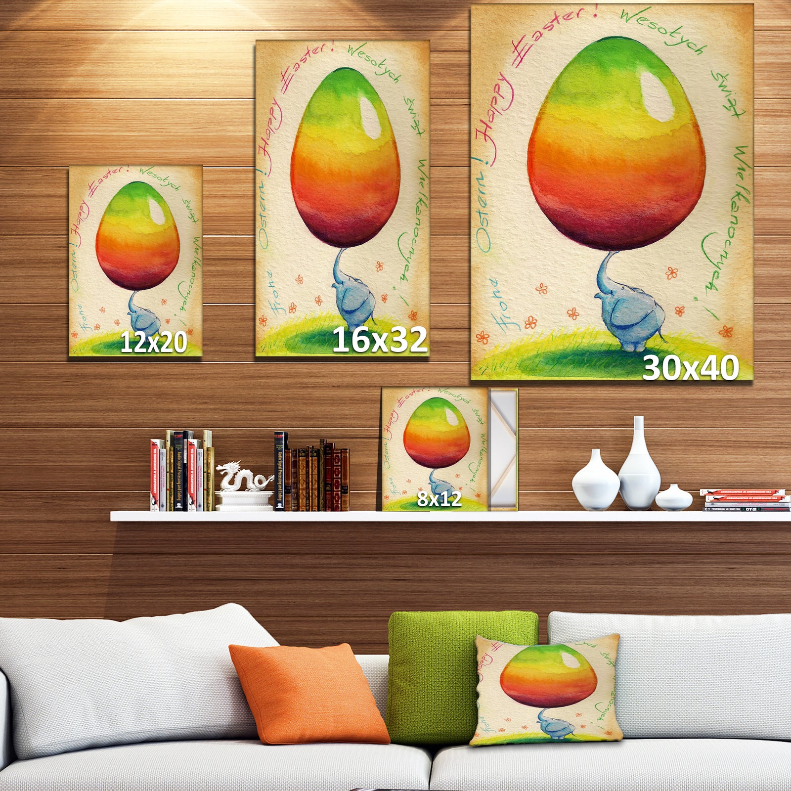 Blue Elephant with Easter Egg - Animals Painting Print on Wrapped Canvas