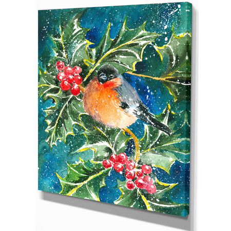 Bullfinch and Holly - Animals Painting Print on Wrapped Canvas
