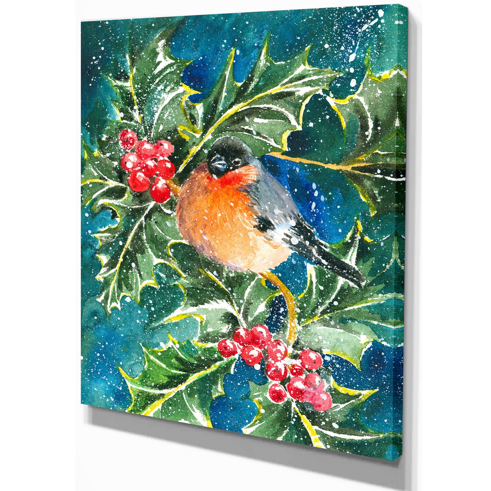 Bullfinch and Holly - Animals Painting Print on Wrapped Canvas