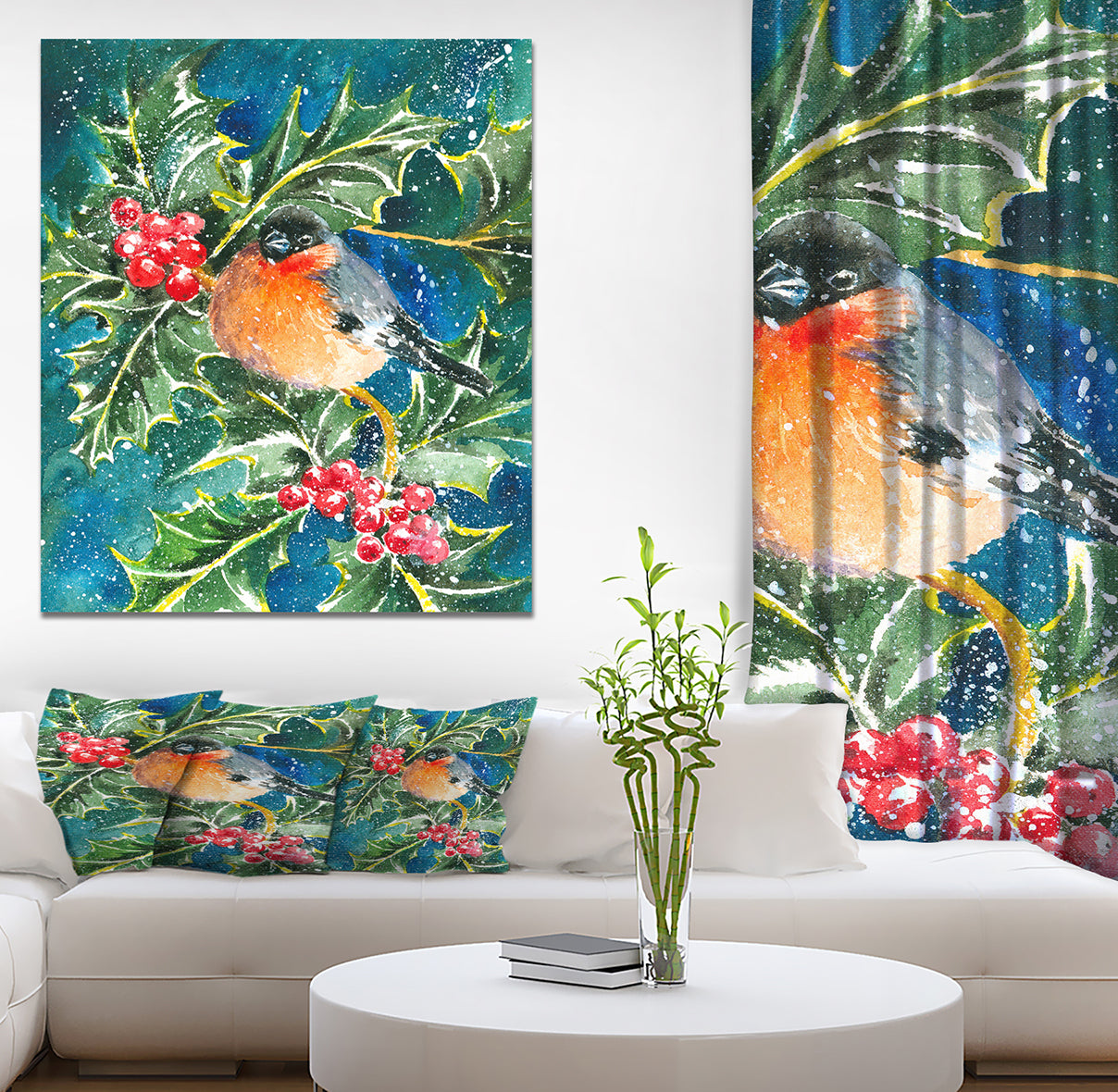 Bullfinch and Holly - Animals Painting Print on Wrapped Canvas