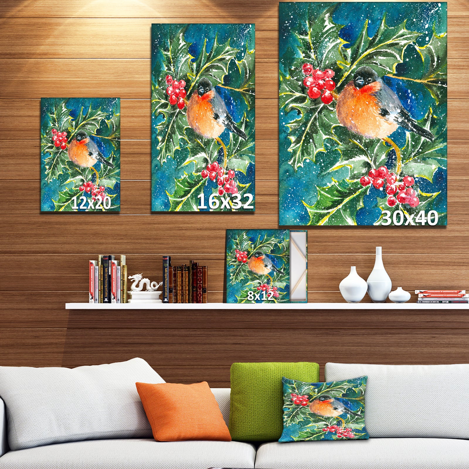 Bullfinch and Holly - Animals Painting Print on Wrapped Canvas
