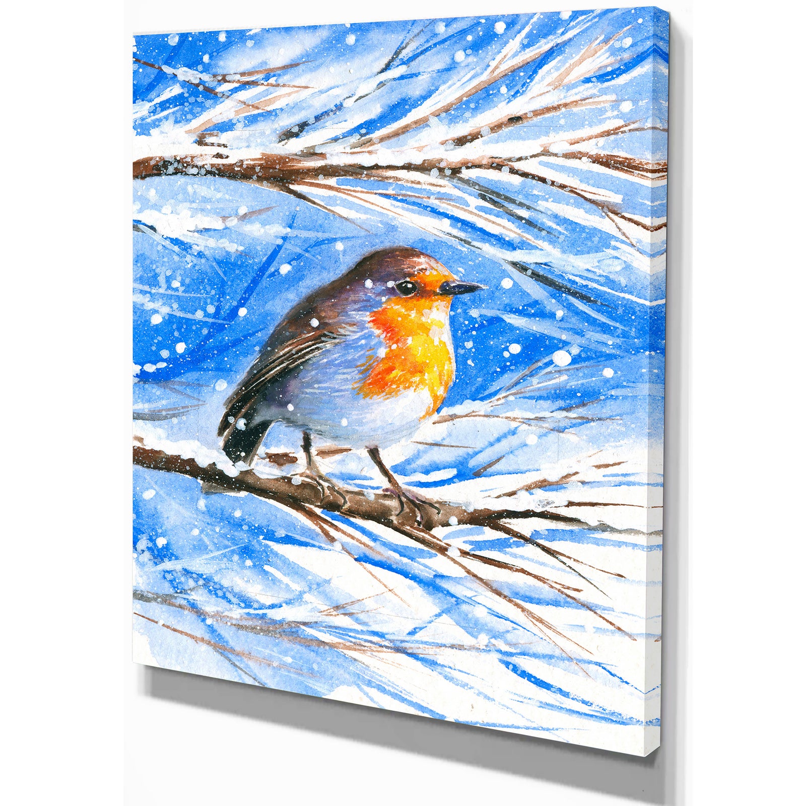 Robin in winter - Animals Painting Print on Wrapped Canvas