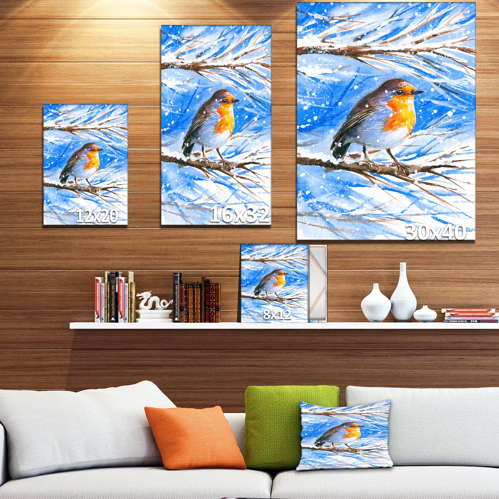 Robin in winter - Animals Painting Print on Wrapped Canvas