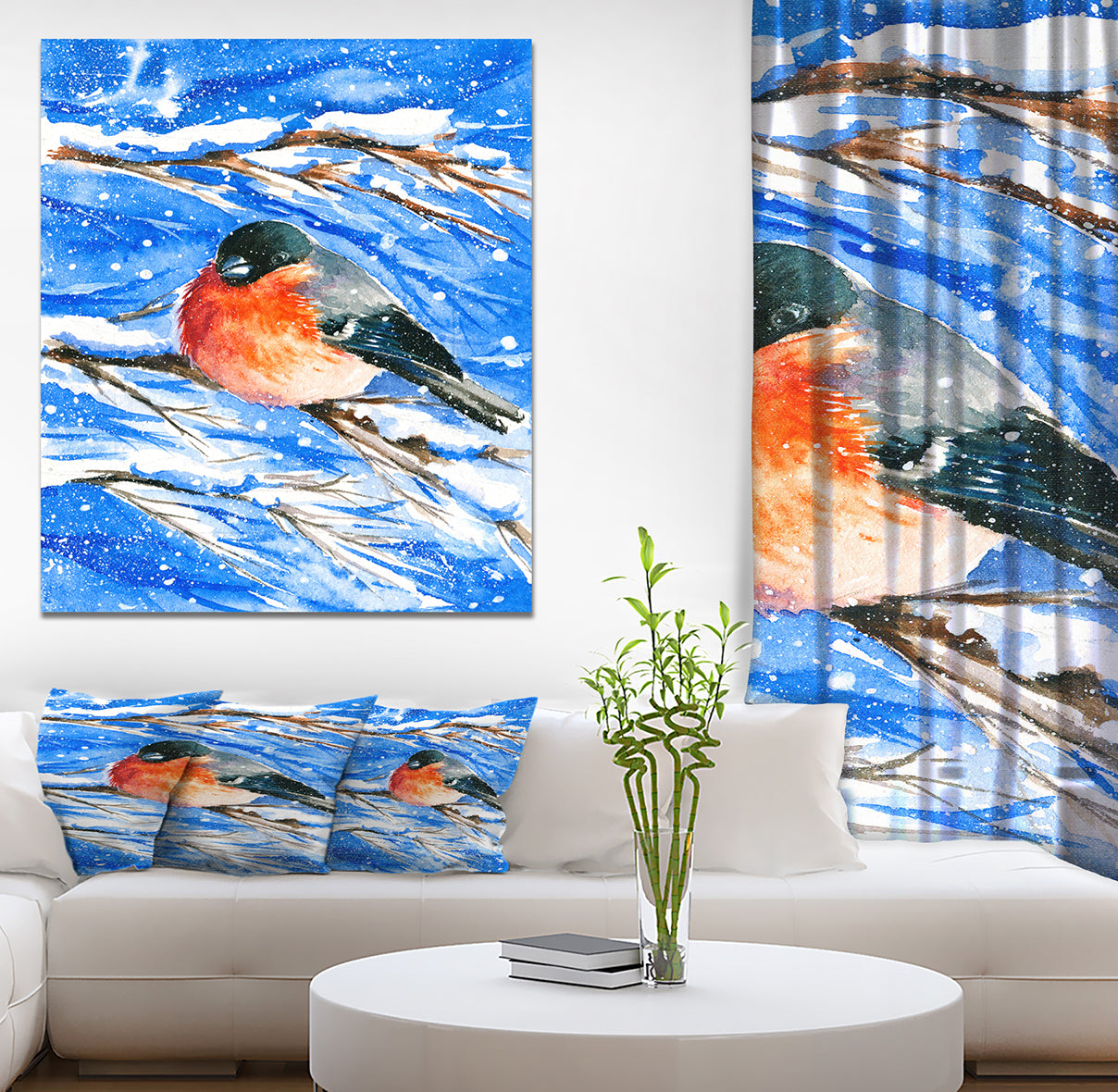 Bullfinch in Snow Storm - Animals Painting Print on Wrapped Canvas