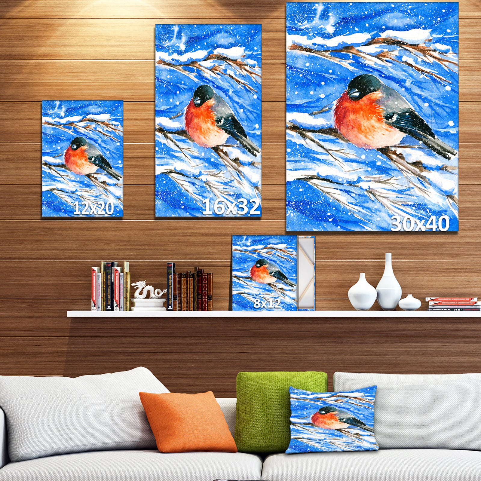 Bullfinch in Snow Storm - Animals Painting Print on Wrapped Canvas