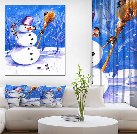 Snowman Playing with Birds - Animals Painting Print on Wrapped Canvas