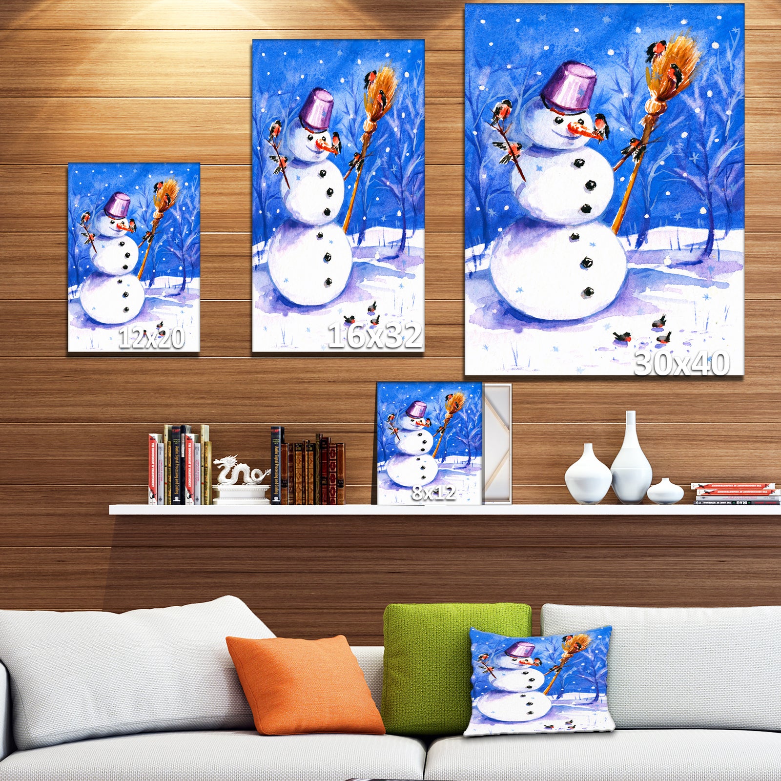 Snowman Playing with Birds - Animals Painting Print on Wrapped Canvas