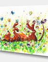 Happy Brown dog with Flowers and Butterfly - Animals Painting Print on Wrapped Canvas