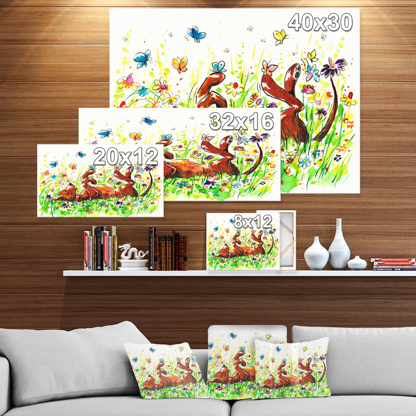 Happy Brown dog with Flowers and Butterfly - Animals Painting Print on Wrapped Canvas