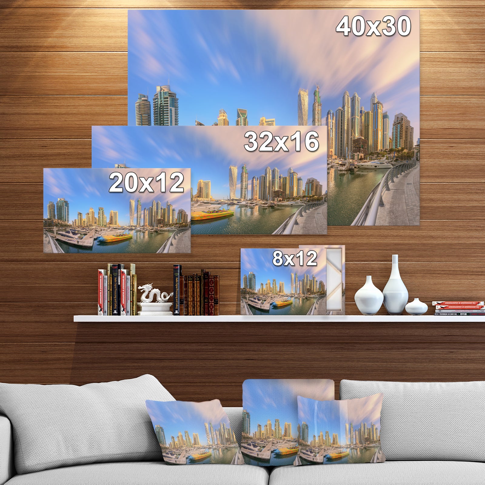 Dubai Marina UAE. Panoramic View in Cloudy sky - Cityscapes Photography on Wrapped Canvas