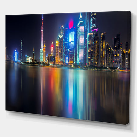 Shanghai Colorful City Skyline - Cityscapes Photography on Wrapped Canvas