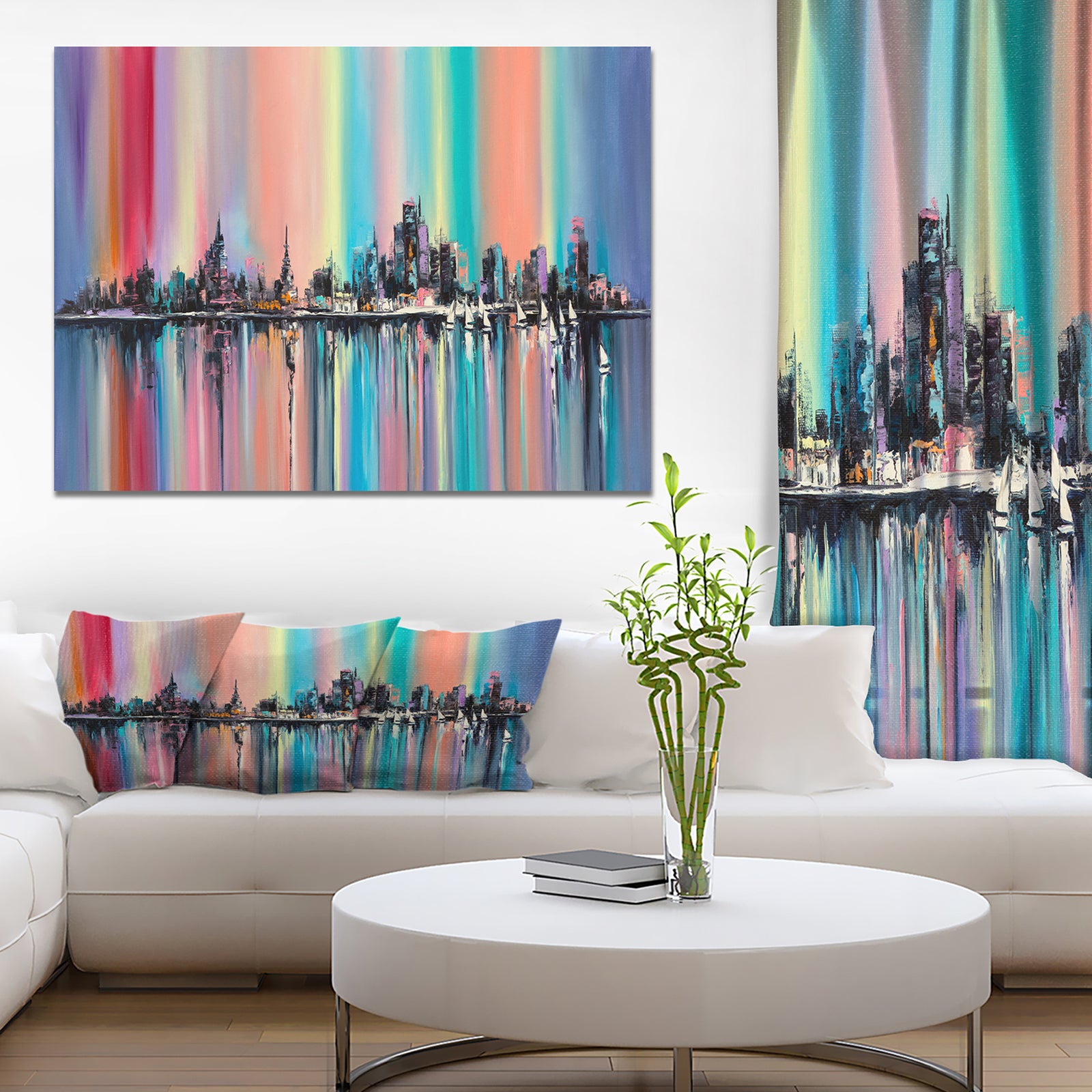 CityUnder Rainbow Sky - Cityscapes Painting Print on Wrapped Canvas