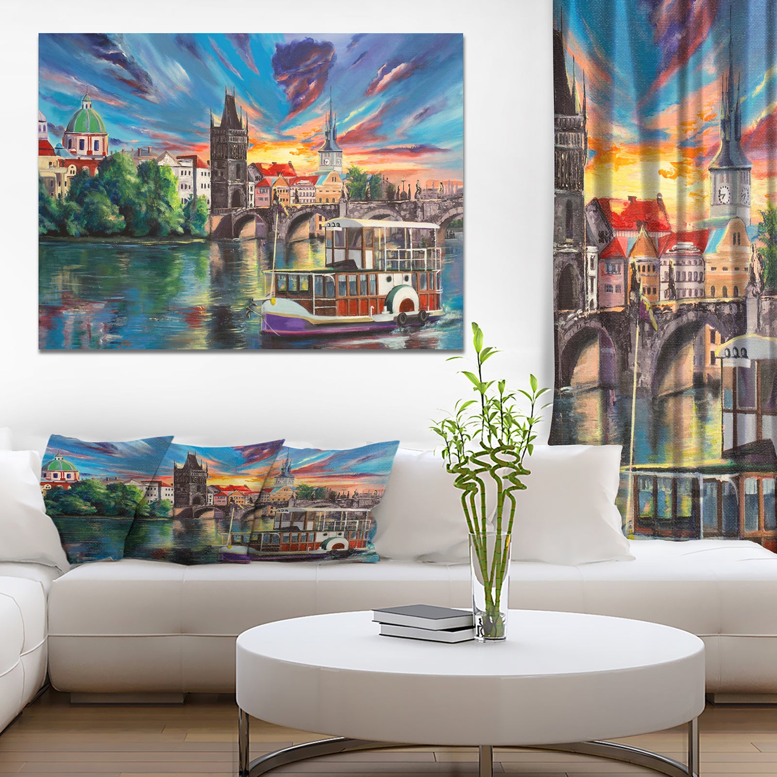 Charles Bridge Prague in Colorful Sky - Cityscapes Painting Print on Wrapped Canvas