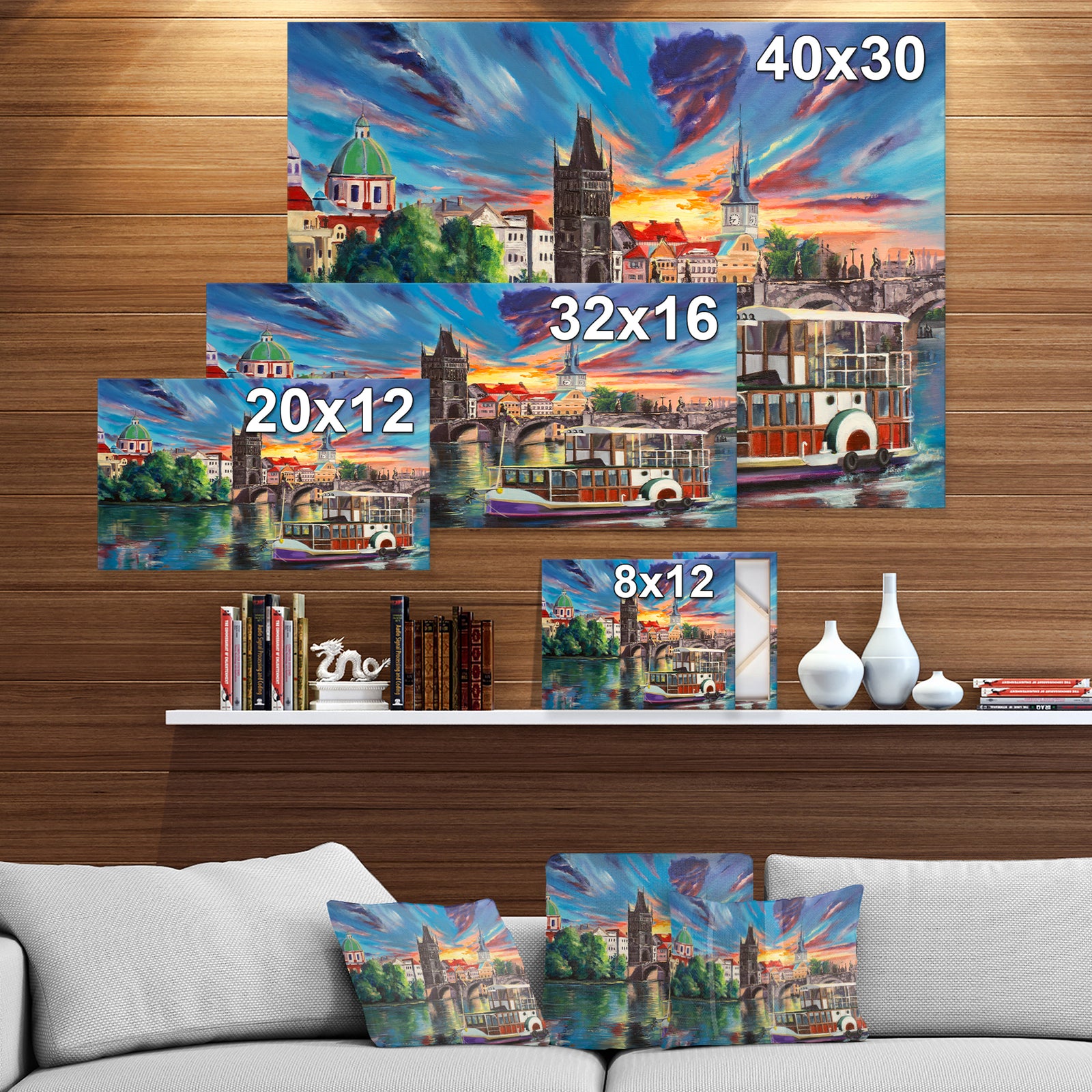 Charles Bridge Prague in Colorful Sky - Cityscapes Painting Print on Wrapped Canvas