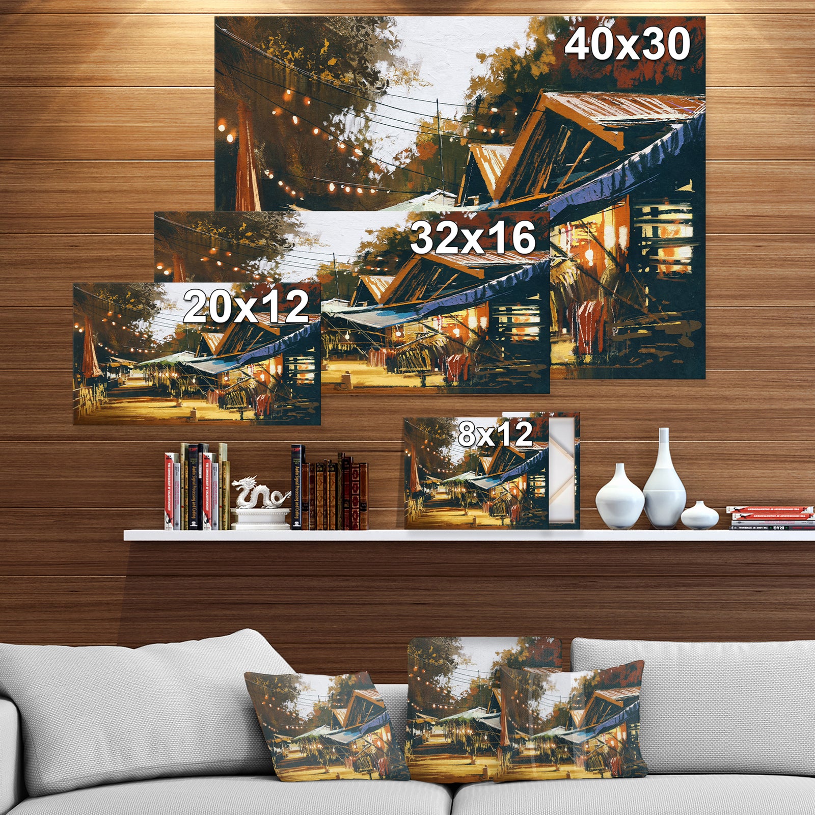 Evening Traditional Market in Oil Painting - Cityscapes Painting Print on Wrapped Canvas