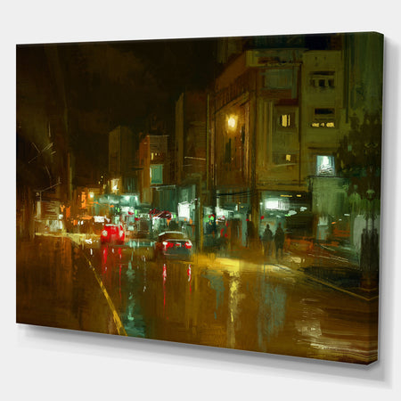 City street at night in Colorful Light - Cityscapes Contemporary on Wrapped Canvas
