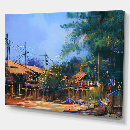 Old fishing village in Clear Sky - Cityscapes Painting Print on Wrapped Canvas