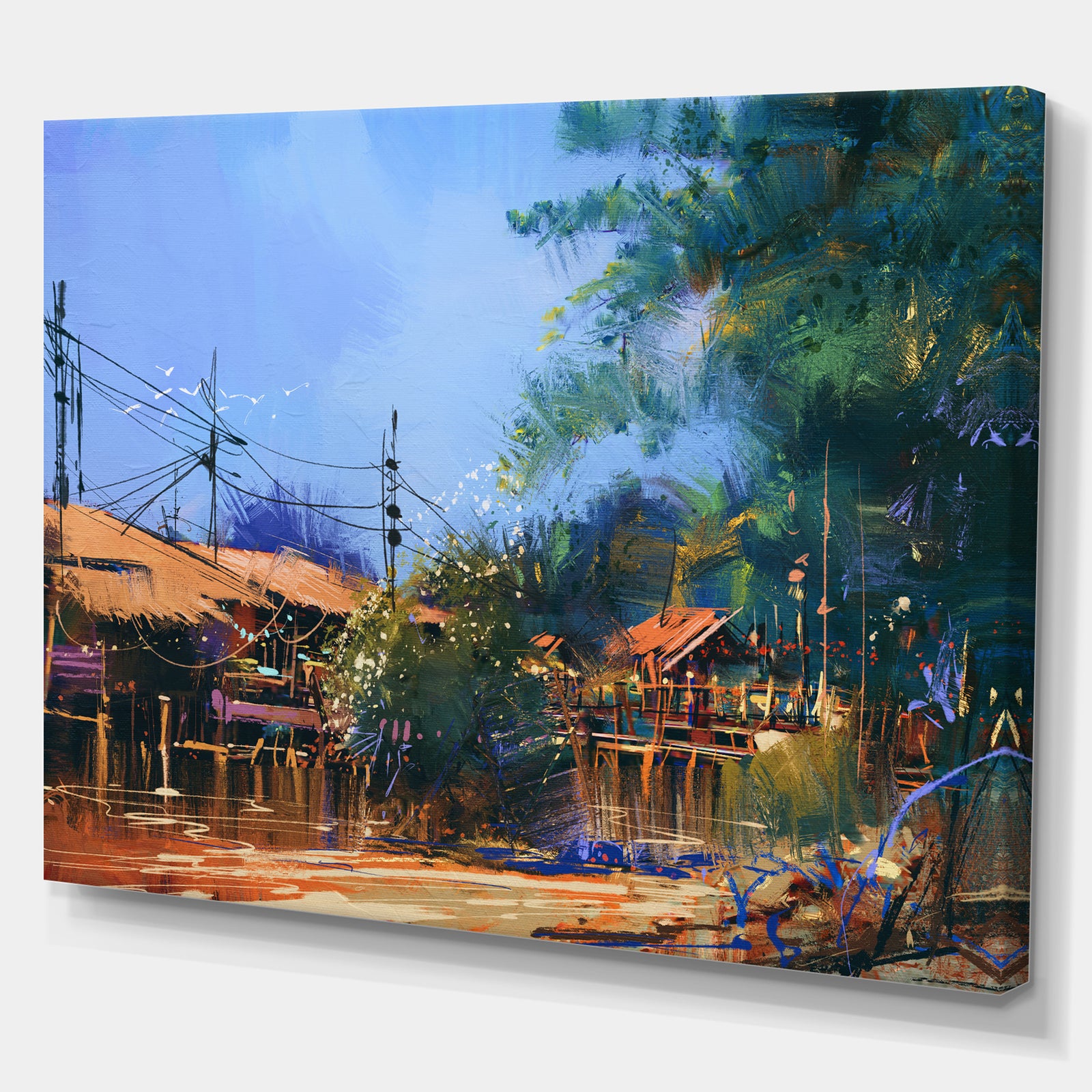 Old fishing village in Clear Sky - Cityscapes Painting Print on Wrapped Canvas