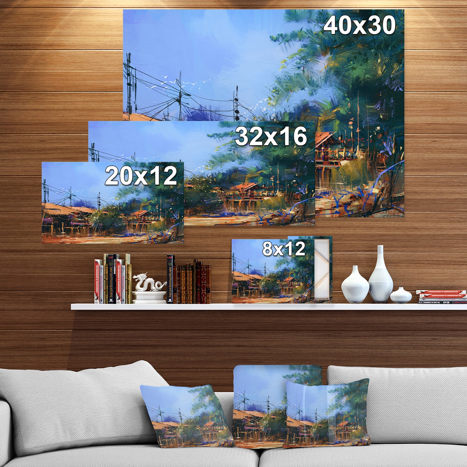 Old fishing village in Clear Sky - Cityscapes Painting Print on Wrapped Canvas