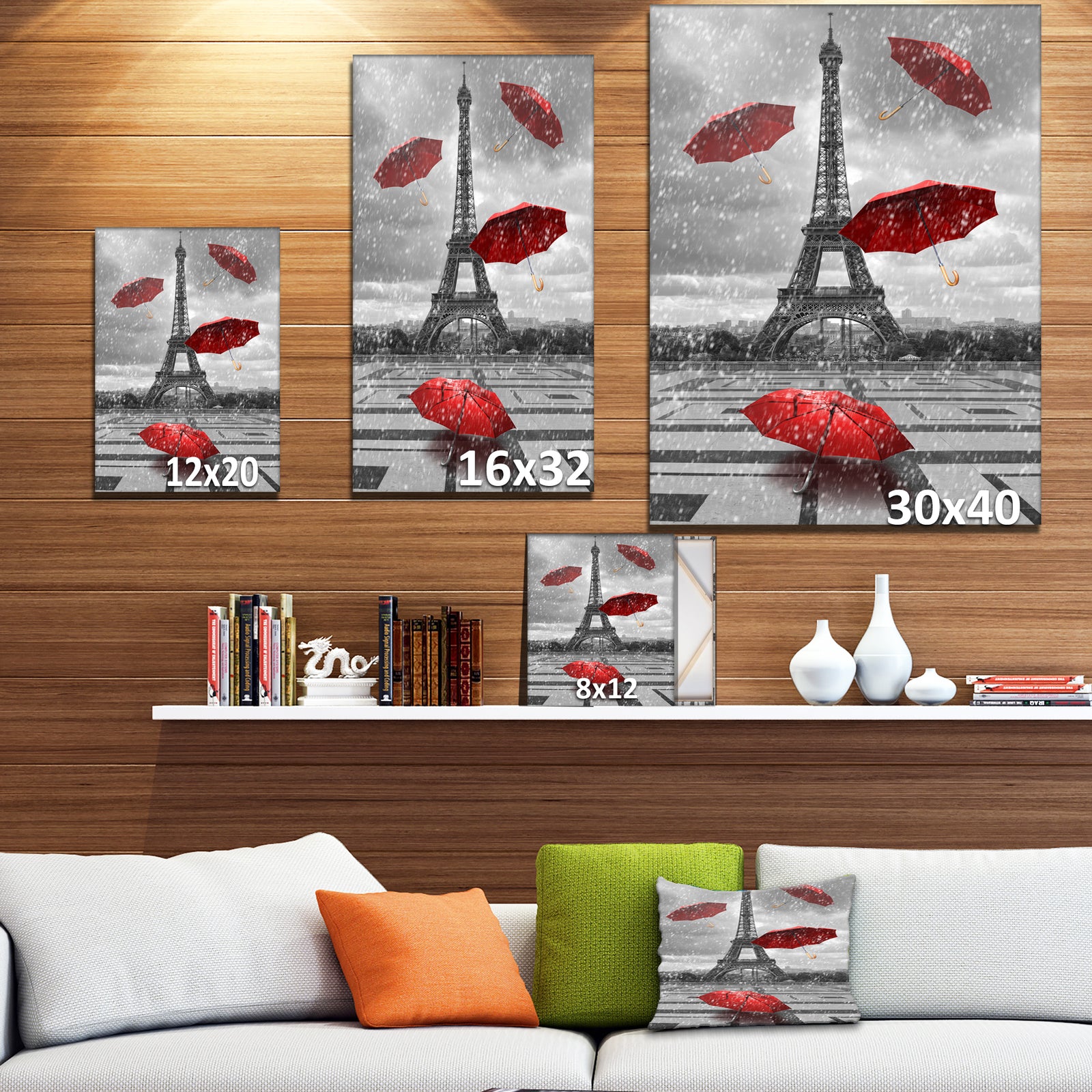 Flying Umbrella with Eiffel Tower - Cityscapes Photography on Wrapped Canvas
