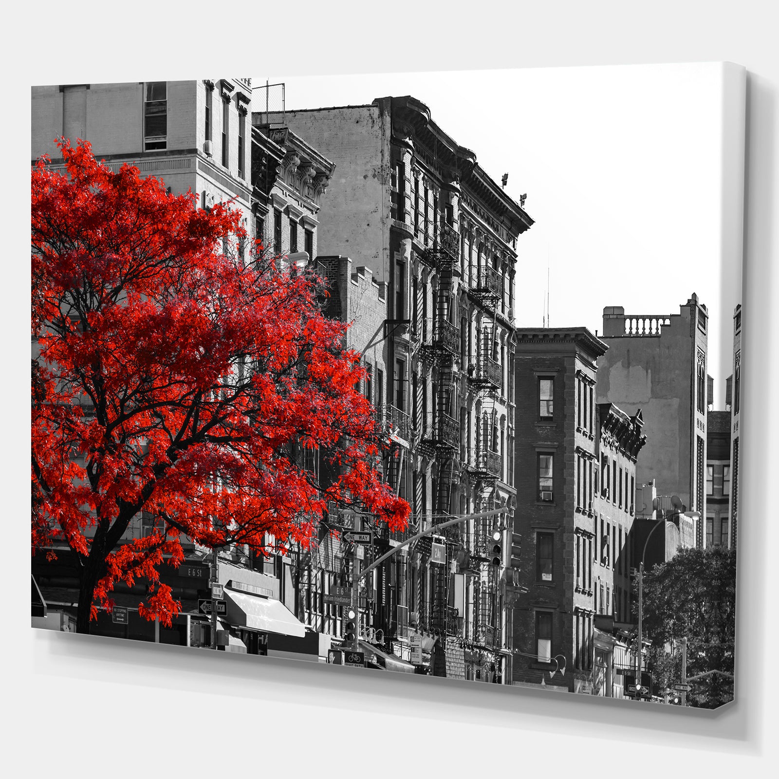 Red Tree on Black and White New York City Street - Floral Cityscapes Photographic on wrapped Canvas