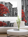 Red Tree on Black and White New York City Street - Floral Cityscapes Photographic on wrapped Canvas