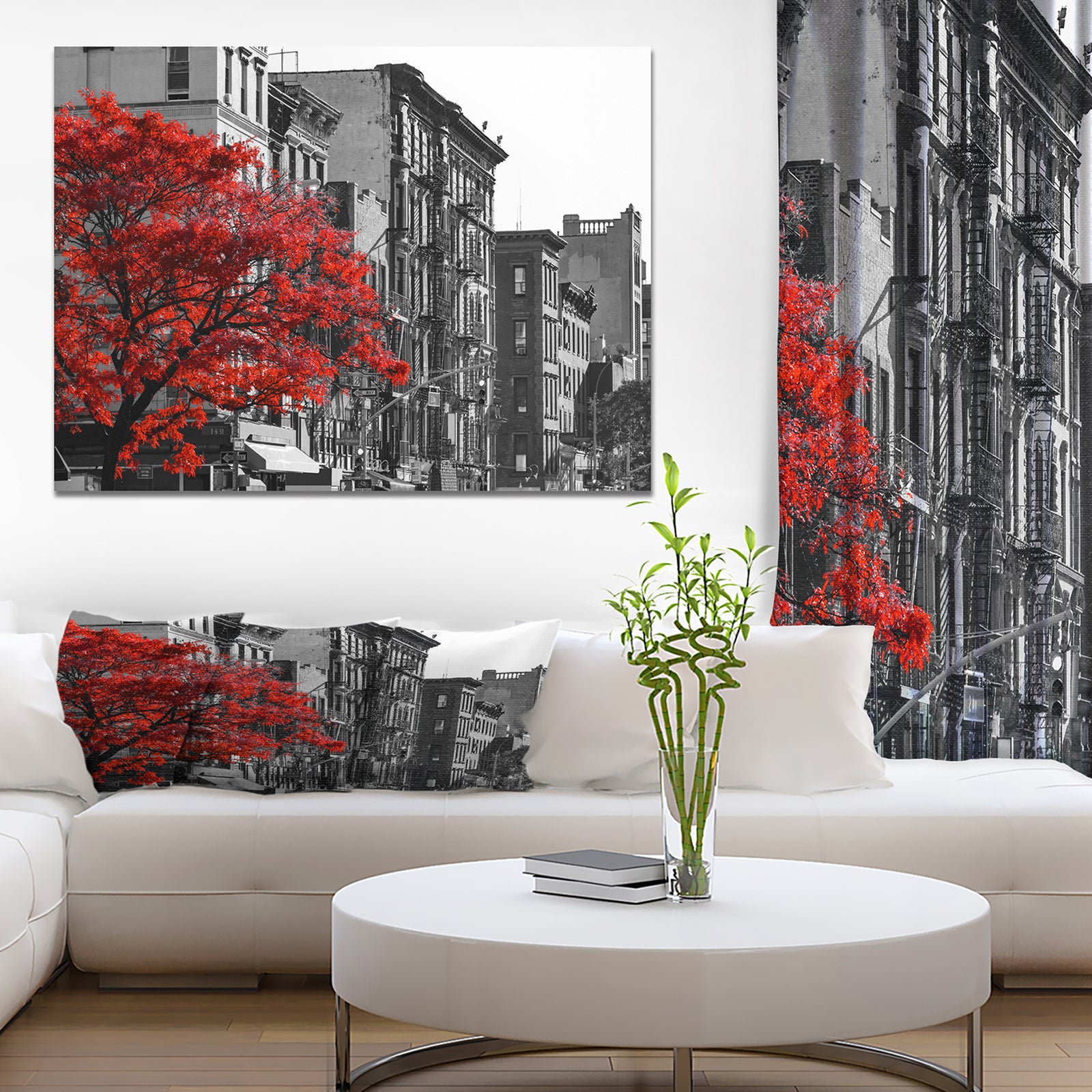 Red Tree on Black and White New York City Street - Floral Cityscapes Photographic on wrapped Canvas