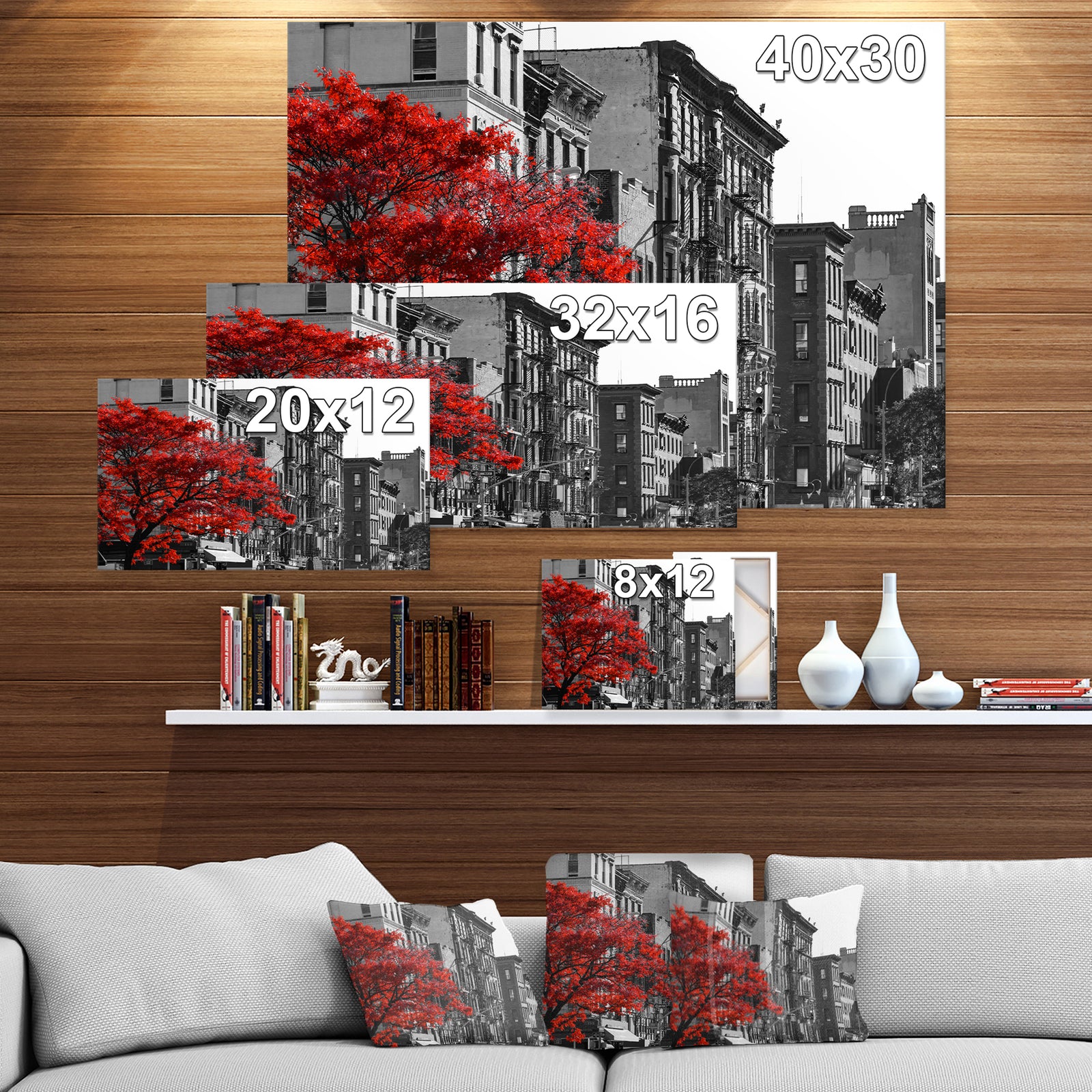 Red Tree on Black and White New York City Street - Floral Cityscapes Photographic on wrapped Canvas