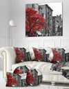 Red Tree on Black and White New York City Street - Floral Cityscapes Photographic on wrapped Canvas