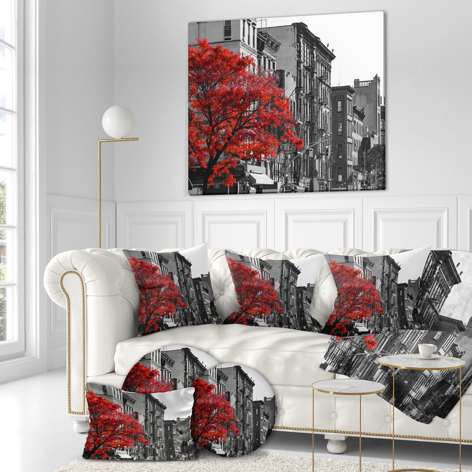 Red Tree on Black and White New York City Street - Floral Cityscapes Photographic on wrapped Canvas