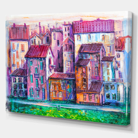 Street with colorful old homes - Cityscapes Painting Print on Wrapped Canvas