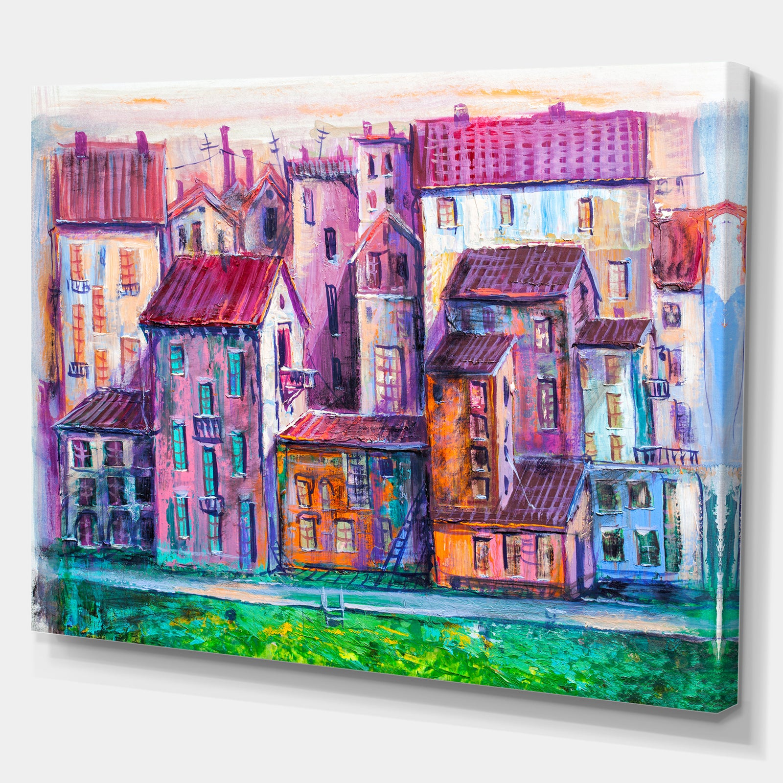 Street with colorful old homes - Cityscapes Painting Print on Wrapped Canvas