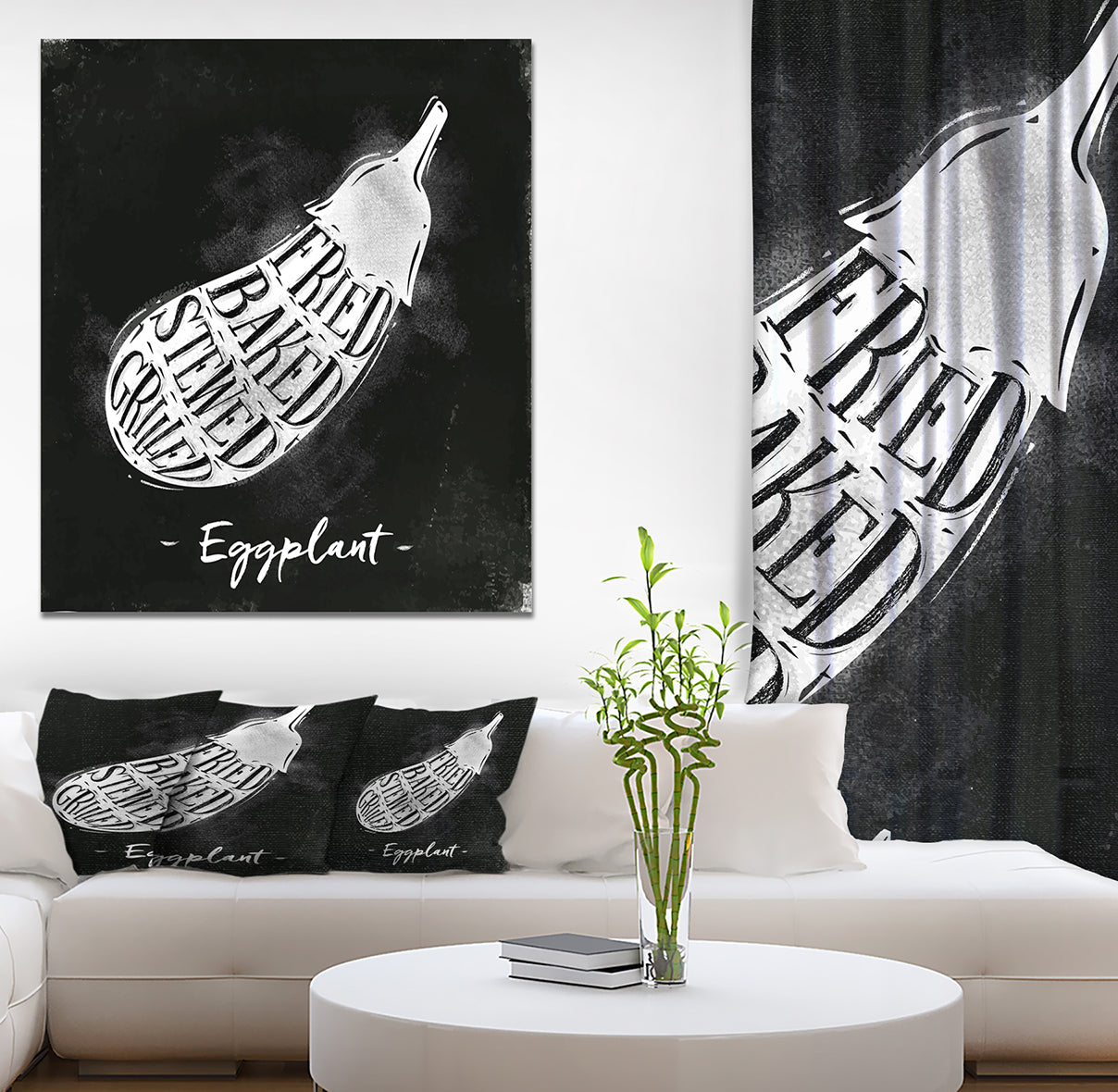 Eggplant cutting scheme chalk - Farmhouse Food Painting Print on Wrapped Canvas