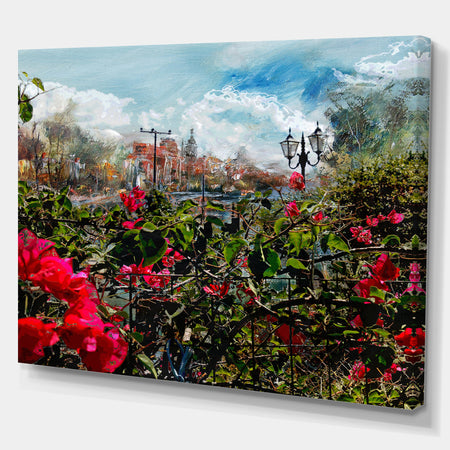 City Tower with Flower Garden - Floral Painting Print on Wrapped Canvas on Wrapped Canvas