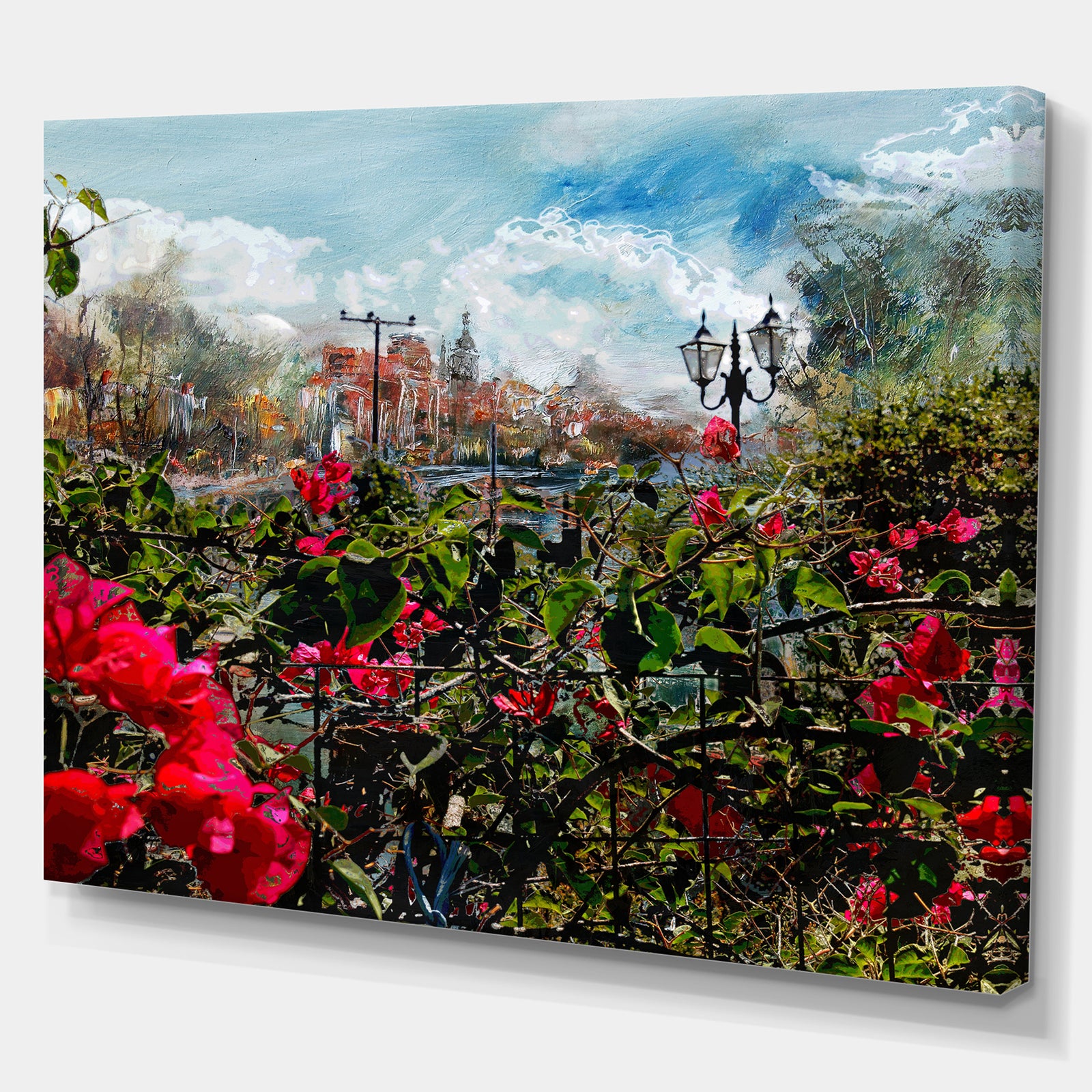 City Tower with Flower Garden - Floral Painting Print on Wrapped Canvas on Wrapped Canvas