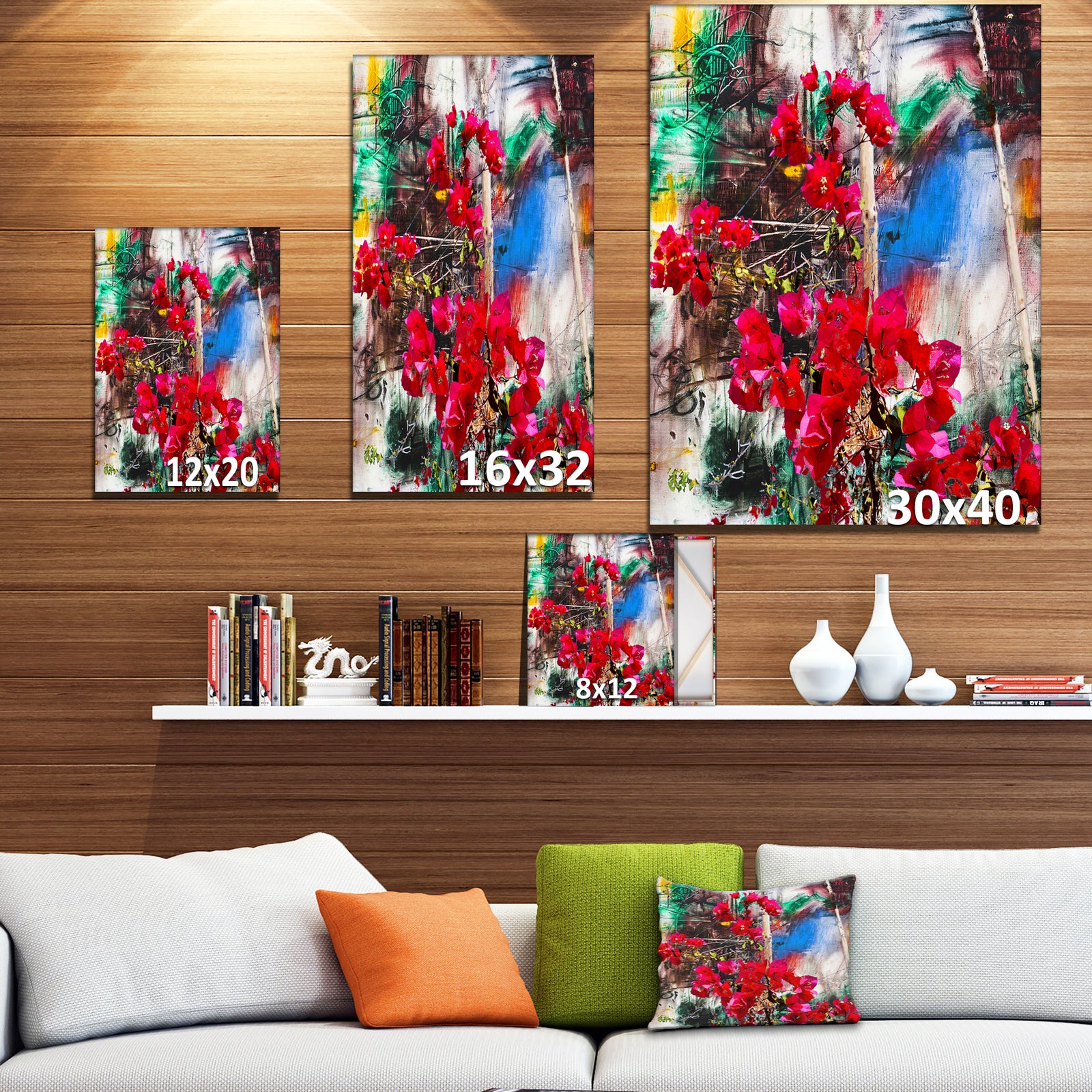 Bougainvillea Red Flowers - Floral Painting Print on Wrapped Canvas