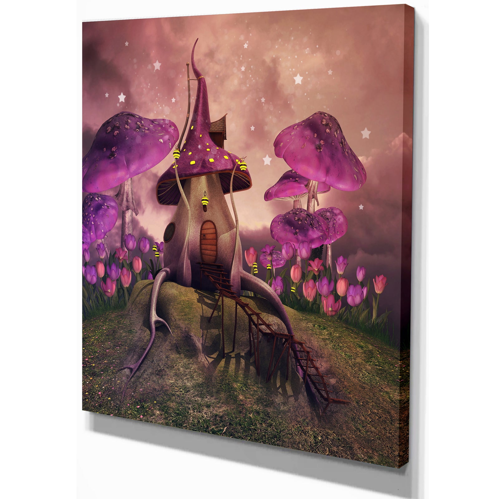 Fantasy mushrooms on a hill - Floral Painting Print on Wrapped Canvas
