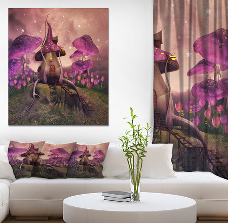 Fantasy mushrooms on a hill - Floral Painting Print on Wrapped Canvas