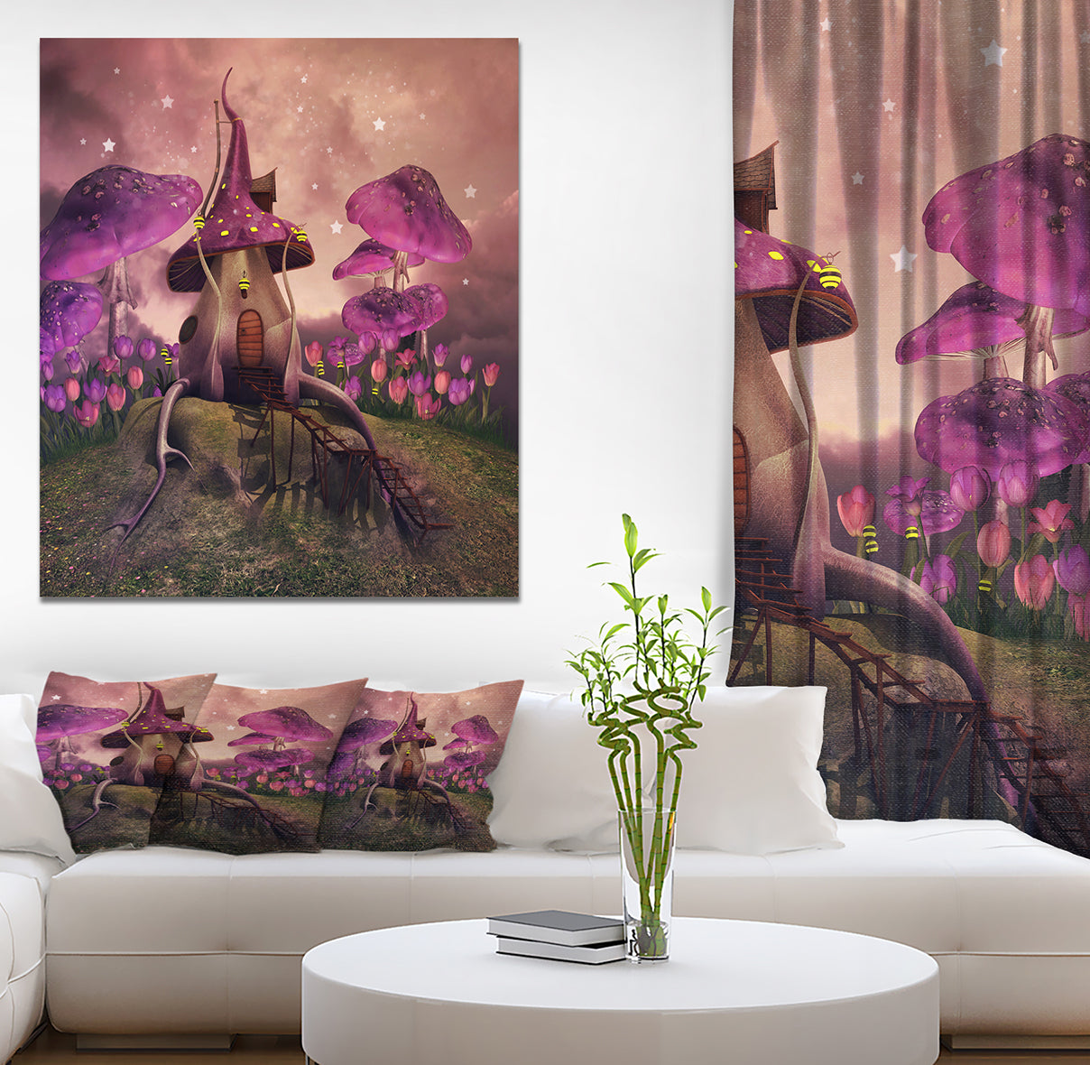 Fantasy mushrooms on a hill - Floral Painting Print on Wrapped Canvas