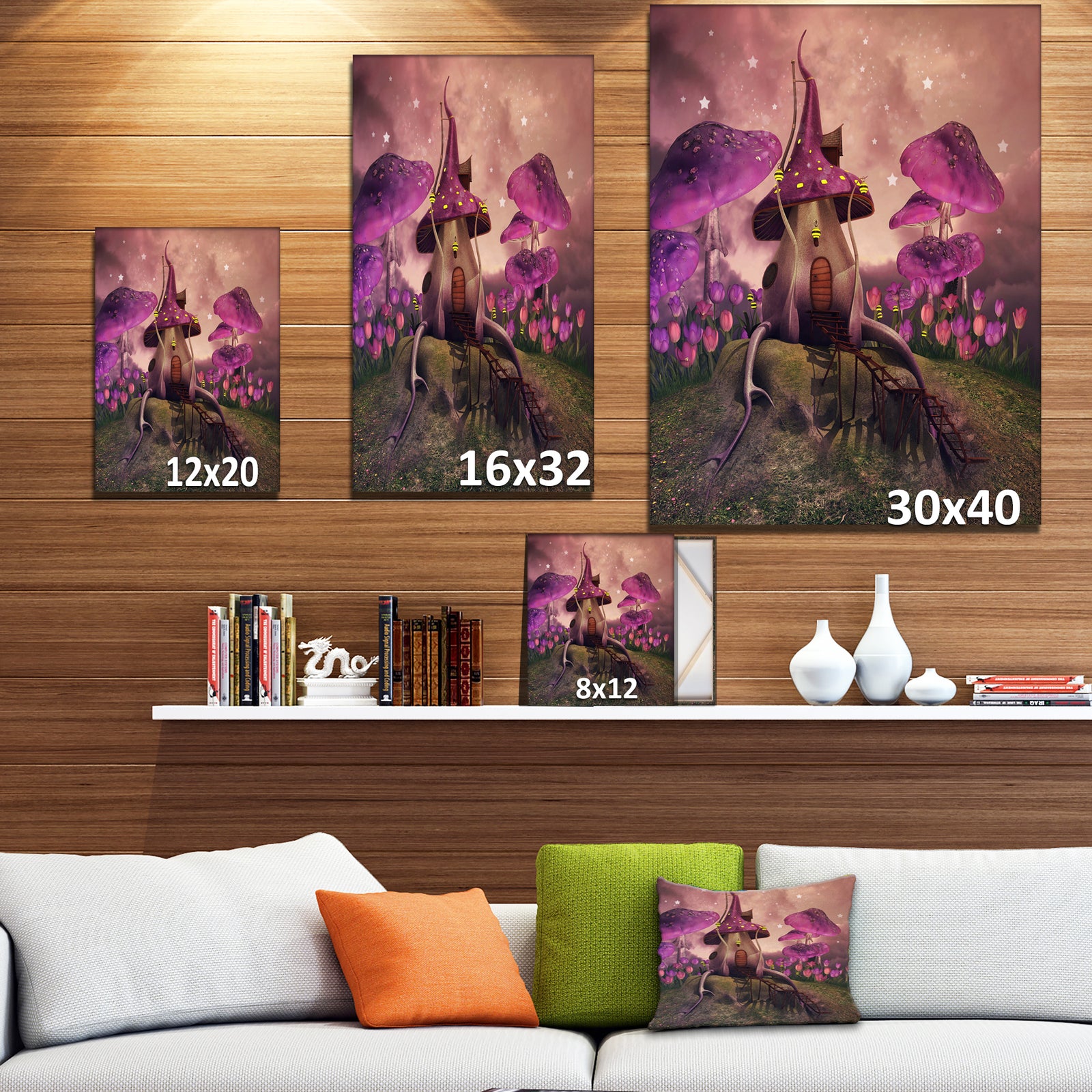 Fantasy mushrooms on a hill - Floral Painting Print on Wrapped Canvas