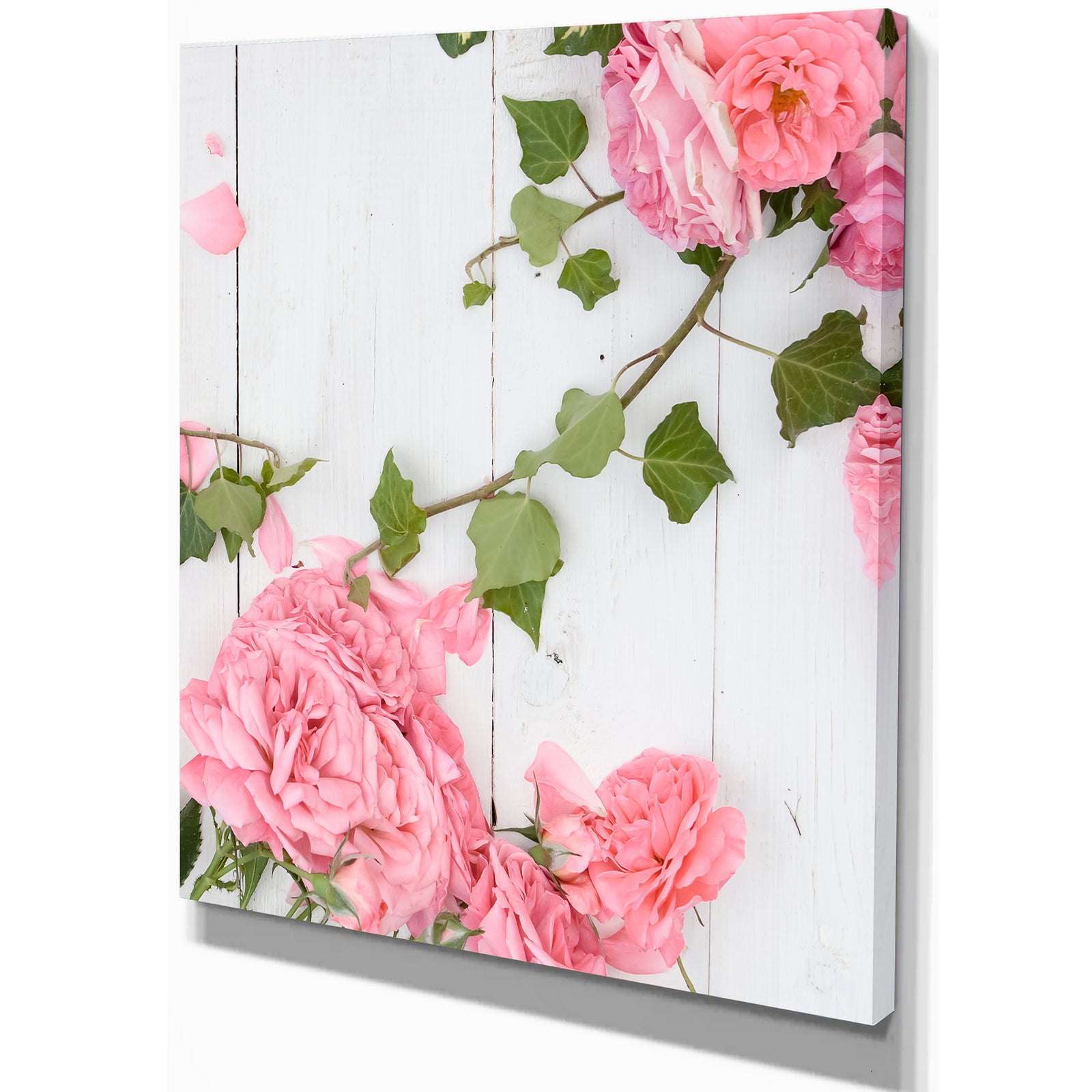 Pink Roses Facing Lying on Wood - Floral photography on Wrapped Canvas