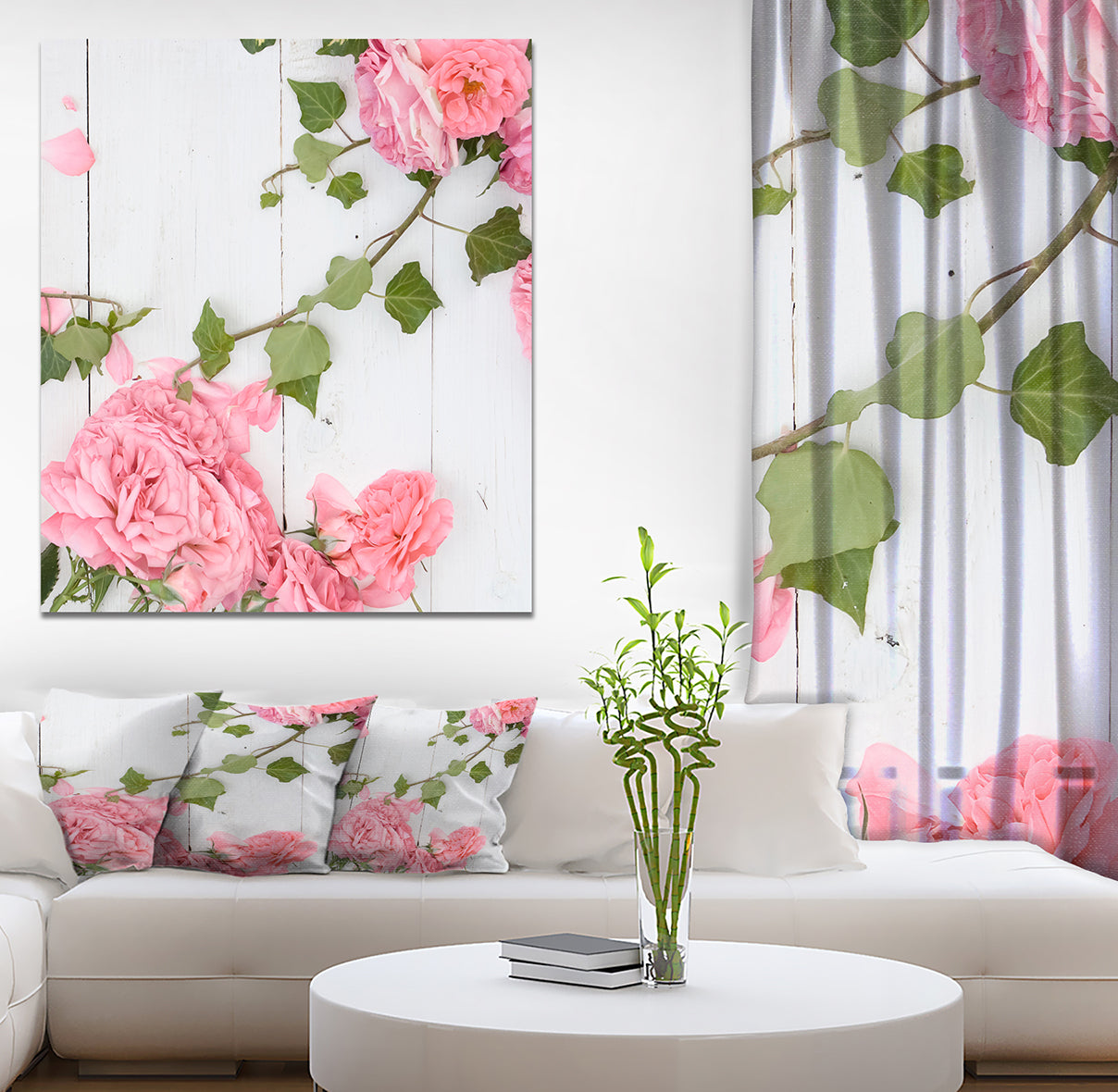 Pink Roses Facing Lying on Wood - Floral photography on Wrapped Canvas