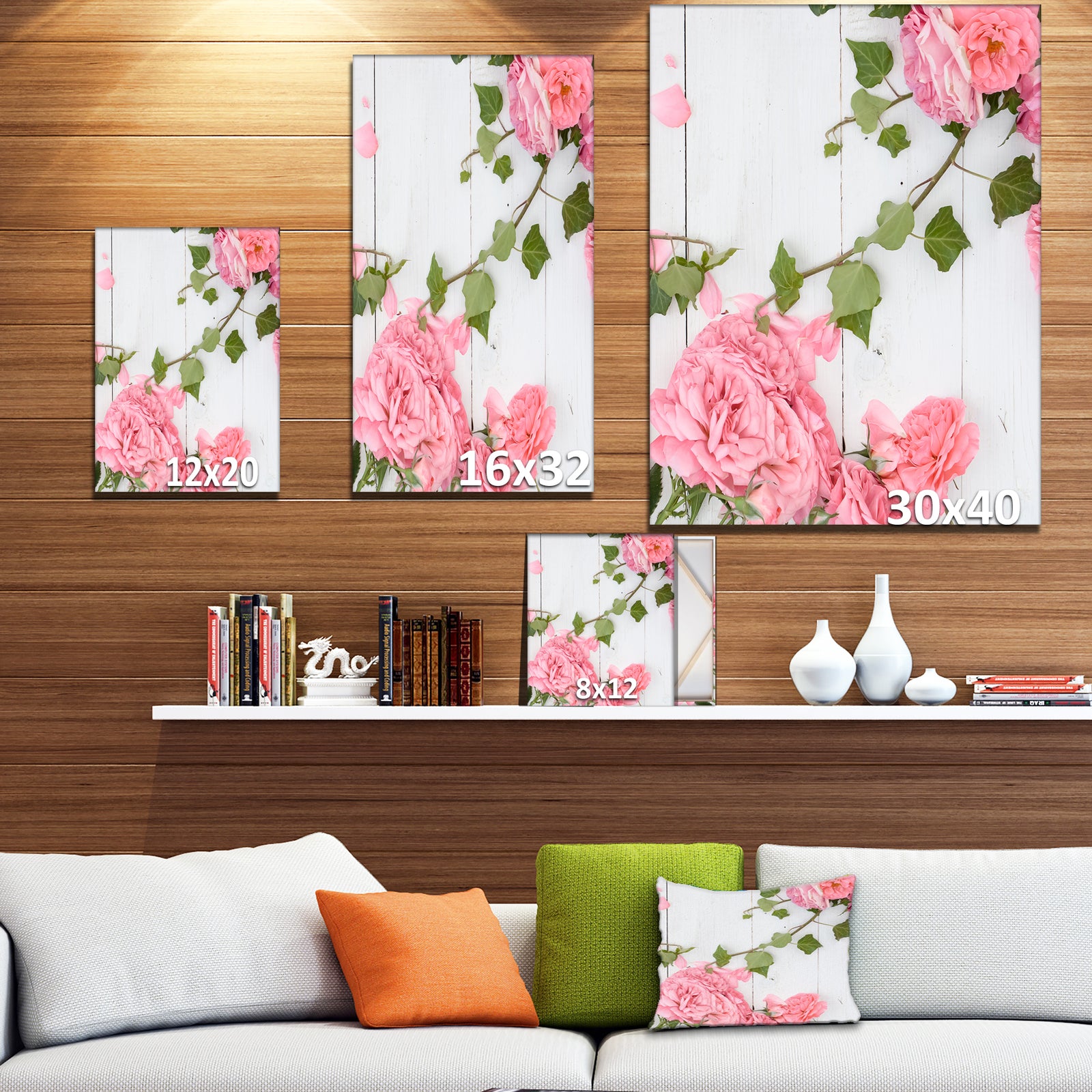 Pink Roses Facing Lying on Wood - Floral photography on Wrapped Canvas